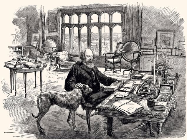 Woodcut drawing of Tennyson sat at a desk surrounded by books, papers, globes and his dog