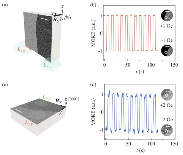 Four-image figure illustrating MOKE data. Images a and c show the domains themselves, which appear as boundaries between different shades of grey on a block of material. Images b and d show the MOKE signal when a square-wave magnetic field is applied to the material.