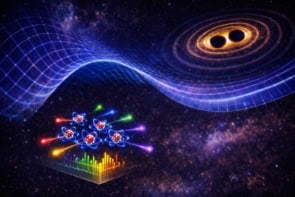 Artist's illustration showing two black holes coming together and emitting gravitational waves that radiate outwards, warping a grid of space-time as they go. In the foreground, little Bohr-model atoms are emitting different colours of light in different directions, and a graph below is keeping track of the emissions. Everything is set against a background of stars and glowing gas.