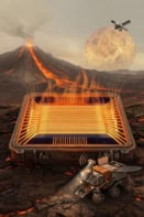 Image showing the memristor chip against a background of a volcano spewing lava. There's a planetary rover in the foreground.