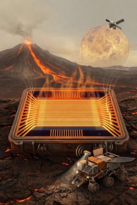 Image showing the memristor chip against a background of a volcano spewing lava. There's a planetary rover in the foreground.