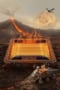 Image showing the memristor chip against a background of a volcano spewing lava. There's a planetary rover in the foreground.