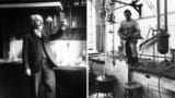 Two black and white photos: a man in a chemistry lab holding up a photographic plate, and a man sat on a small pile of bricks on top of a workbench in a research lab