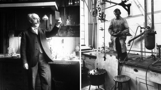 Two black and white photos: a man in a chemistry lab holding up a photographic plate, and a man sat on a small pile of bricks on top of a workbench in a research lab