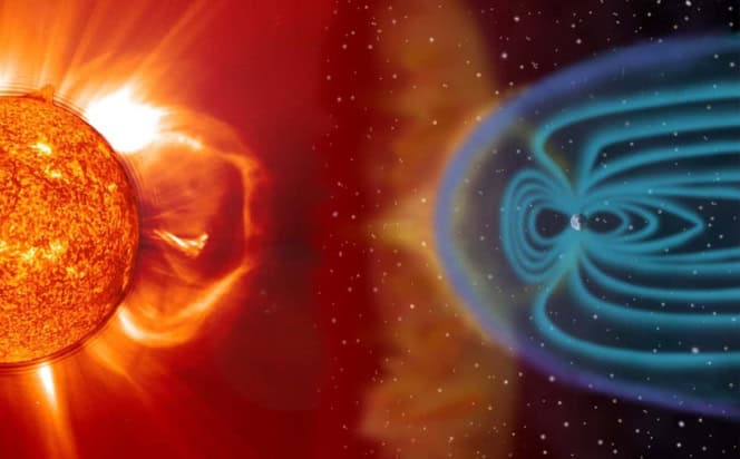 A schematic of how solar storms affect Earth