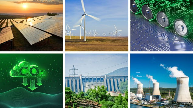 A range of green energy sources: solar, wind, nuclear, green batteries, hydroelectricity and carbon capture.