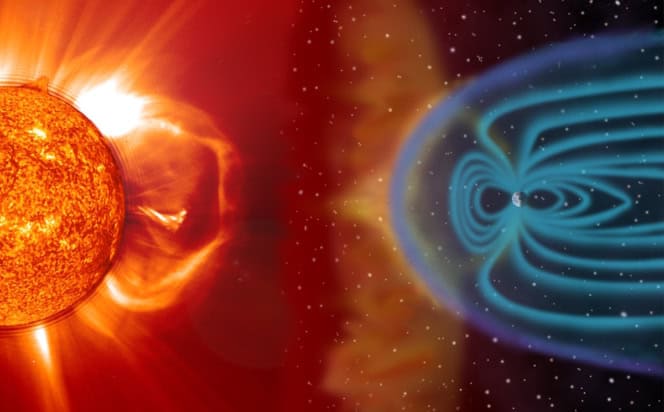 A schematic of how solar storms affect Earth