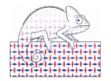 A sketch of a chameleon patterned with faint red and blue diamonds sitting on top of a block of material patterned with strong red and blue diamonds
