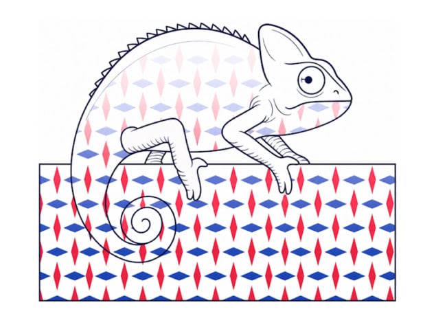 A sketch of a chameleon patterned with faint red and blue diamonds sitting on top of a block of material patterned with strong red and blue diamonds