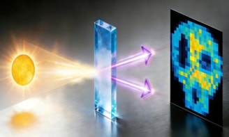 Illustration showing sunlight streaming into a blueish block (representing a nonlinear crystal). Two beams of purple light (representing the two photons) emerge and produce a pixelated image.