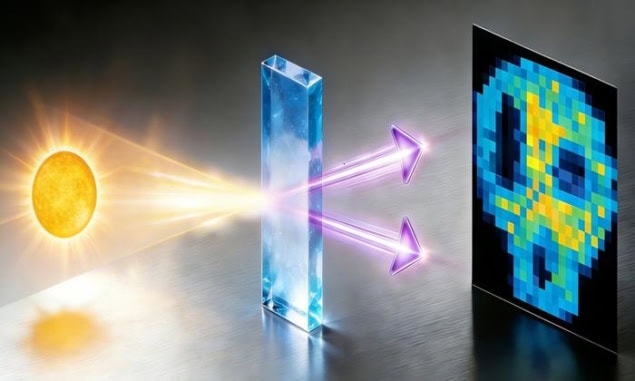 Illustration showing sunlight streaming into a blueish block (representing a nonlinear crystal). Two beams of purple light (representing the two photons) emerge and produce a pixelated image.