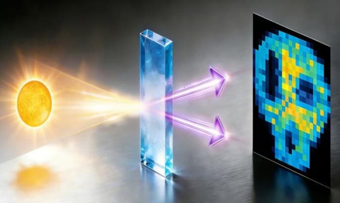 Illustration showing sunlight streaming into a blueish block (representing a nonlinear crystal). Two beams of purple light (representing the two photons) emerge and produce a pixelated image.