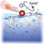 Illustration showing ball-and-stick models of water molecules near the interface between air and water. A large molecule at the centre has a squiggly-red-line signal coming out of its central red oxygen atom, representing the molecule's dipole, while a dashed line emerging from the other side, between the two angled hydrogen atoms, represents the twist angle of the molecule.