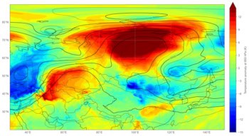 A colour plot (red for hot, blue for cold) of temperature anomalies during the 2020 Siberian heat wave, superimposed over a map of west and central Asia. There's a gigantic deep-red blob over Siberia.
