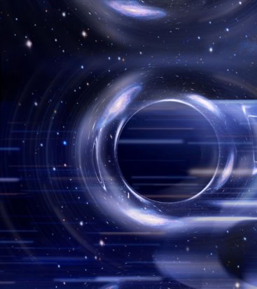 Artist's impression of the region of space around a black hole's event horizon. A doughnut-shaped region of space warps and blurs the starry black background