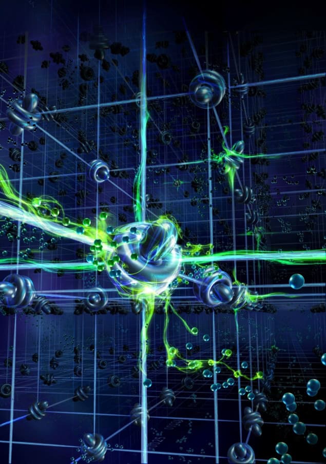 Illustration showing a cubic lattice of electrons glowing with an eerie green light
