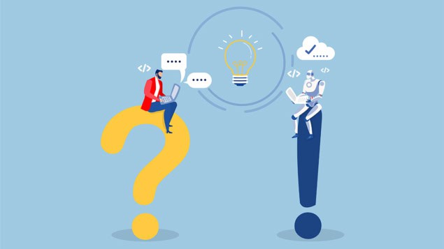 Cartoon illustration of a man trying to understand an AI robot's output