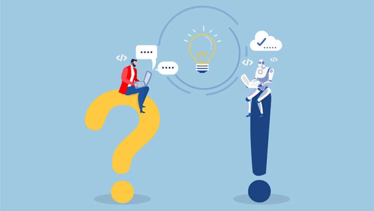 Cartoon illustration of a man trying to understand an AI robot's output