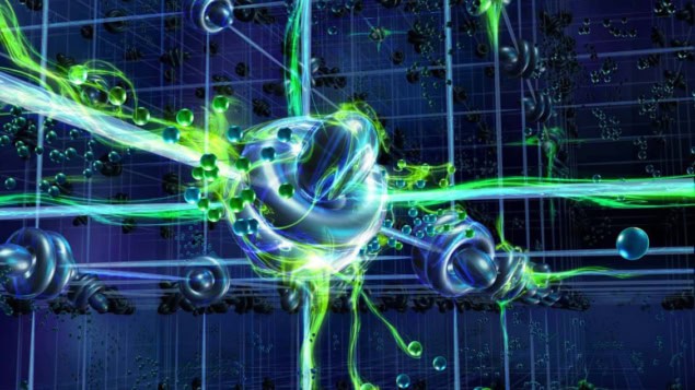 Illustration showing a cubic lattice of electrons glowing with an eerie green light