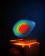 Image showing a pear-shaped grid of glowing blue lines with a heatmap-type blob of red, yellow and green suspended inside it. The pear hovers over a copper-coloured box.