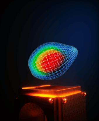Image showing a pear-shaped grid of glowing blue lines with a heatmap-type blob of red, yellow and green suspended inside it. The pear hovers over a copper-coloured box.