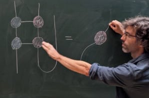 leron borsten teaching quantum physics at a blackboard