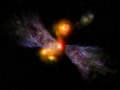 Artist's impression of a galaxy with a huge plume of gas blowing out of it. The galaxy appears as a cluster of bright light against the blackness of space, and dark purple jets are coming out of either side of it