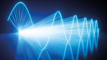 Pulsing blue laser sine waves cross, forming a scientific-inspired, illuminated installation with depth. 3D render illustration.