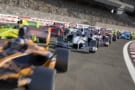 Racing cars on track with crowds in background illustration