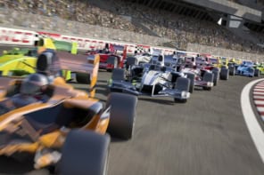 Racing cars on track with crowds in background illustration