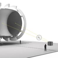 Diagram of a tokamak fusion reactor emitting electron antineutrinos. A box outside the reactor represents a detector, and two people are shown for scale (they are much smaller than the reactor and a little bigger than the detector). The whole diagram is drawn in shades of grey and black.