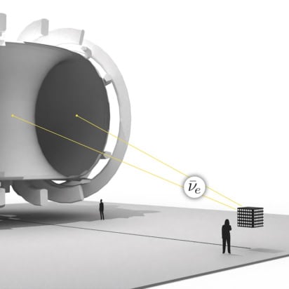 Diagram of a tokamak fusion reactor emitting electron antineutrinos. A box outside the reactor represents a detector, and two people are shown for scale (they are much smaller than the reactor and a little bigger than the detector). The whole diagram is drawn in shades of grey and black.
