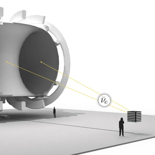 Diagram of a tokamak fusion reactor emitting electron antineutrinos. A box outside the reactor represents a detector, and two people are shown for scale (they are much smaller than the reactor and a little bigger than the detector). The whole diagram is drawn in shades of grey and black.