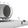 Diagram of a tokamak fusion reactor emitting electron antineutrinos. A box outside the reactor represents a detector, and two people are shown for scale (they are much smaller than the reactor and a little bigger than the detector). The whole diagram is drawn in shades of grey and black.