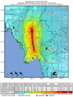 A map of south-east Asia centred on Myanmar. It's a heat map and there's a long red slash running from north of Mandalay to south of Nay Pyi Taw, representing the location of the most intense shaking