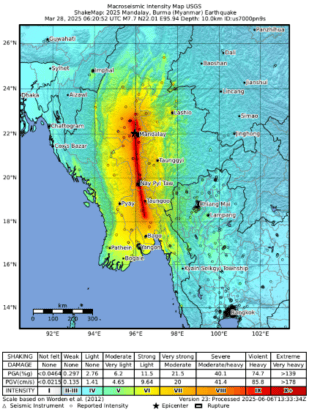 A map of south-east Asia centred on Myanmar. It's a heat map and there's a long red slash running from north of Mandalay to south of Nay Pyi Taw, representing the location of the most intense shaking