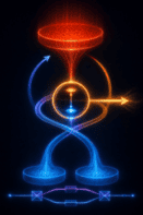 Artistic illustration showing cold reservoirs (in blue) flowing towards a hot one (in red) while also leaking heat to the environment. A diagram below the illustration shows the different pathways followed in the experiment