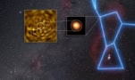 VLT images of Betelgeuse and its companion, superimposed over a starry background and the outline of the constellation Orion
