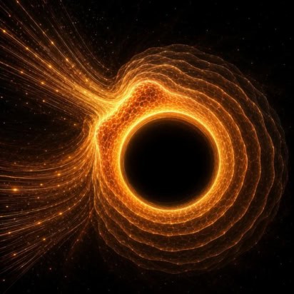 Artist's image of a black hole growing in response to an influx of energy. This influx is represented by orange lines and particles streaming in towards the black hole's event horizon, which is represented by an orange boundary