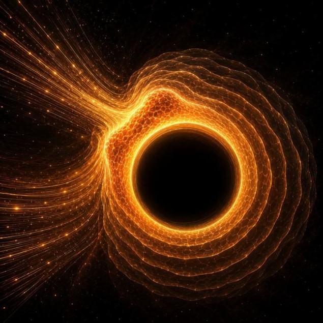 Artist's image of a black hole growing in response to an influx of energy. This influx is represented by orange lines and particles streaming in towards the black hole's event horizon, which is represented by an orange boundary