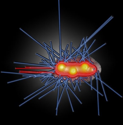 A diagram showing lots of blue arrows coming together from different directions towards a glowing red irregularly-shaped central object