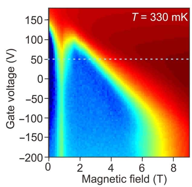Rainbow colour plot of the interface resistance as a function of magnetic field and gate voltage. Higher gate voltages and magnetic fields are generally coloured red, but at a field of 0.9 T, there's a bright streak that appears to bleed down from the red area and stand out against the blue background.