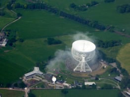 Aerial view of Jodrell Bank Observatory, surrounded by fields and hedges