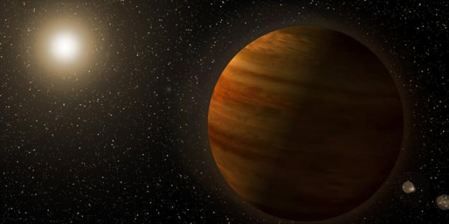 Artist's impression of a planet orbiting a distant star. The planet is in the foreground and has orange and yellow stripes reminiscent of Jupiter's. The star is pale yellow and distant.