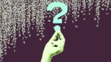 Falling letters of English language plus fingers holding a question mark
