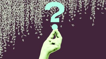 Falling letters of English language plus fingers holding a question mark