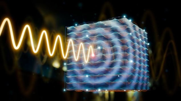 Illustration showing a yellow sinusoidal wave coming in from the left side of the image and impinging on a cube with a rippling interference pattern on its nearest face