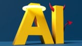 3D letters "AI" one with a halo, one with horns and a tail.
