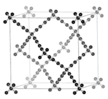 A ball-and-stick model of diamondiyne, showing chains of black spheres representing carbon atoms linked together in a well-spaced tetrahedral shape