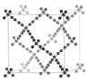 A ball-and-stick model of diamondiyne, showing chains of black spheres representing carbon atoms linked together in a well-spaced tetrahedral shape